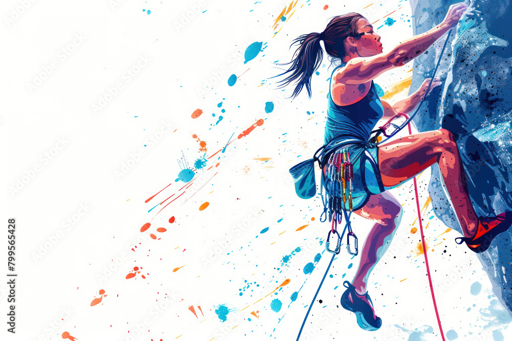 Blue watercolor painting of a climber woman exercising at the gym