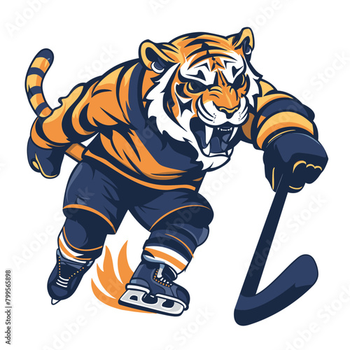 cartoon tiger wearing a red ice hockey jersey and holding a hockey stick in a determined stance