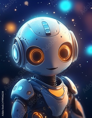 a cute robot with futuristic space background and dark environment  looks innocent at itself