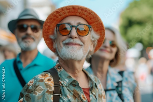 portrait of senior man in hat and sunglasses looking at camera with friends on blurred background