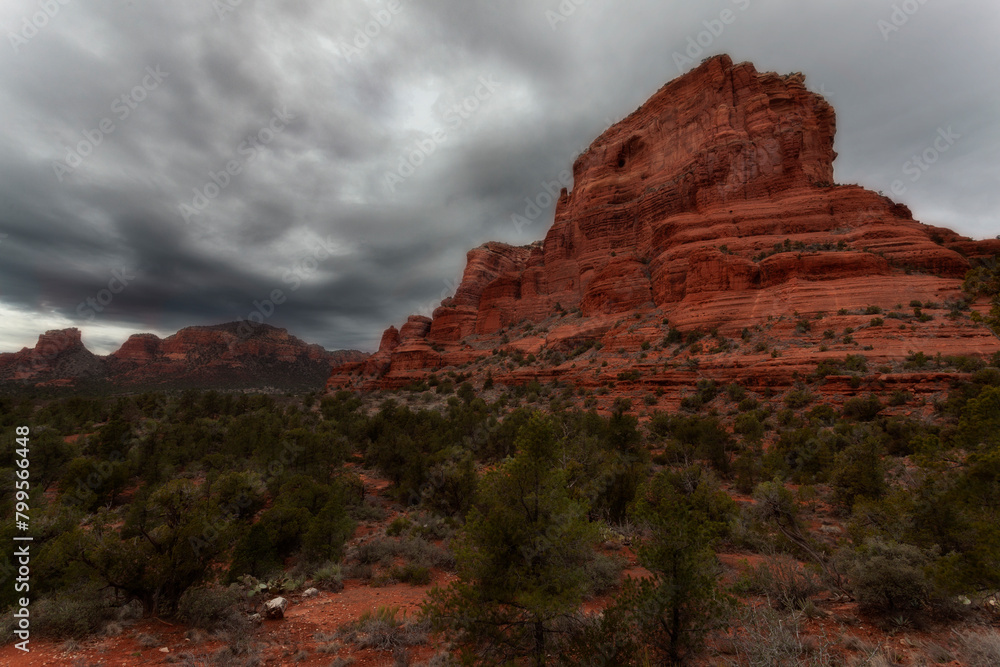 Red rocks of Courthouse Rock in Sedona Arizona on a cloudy day