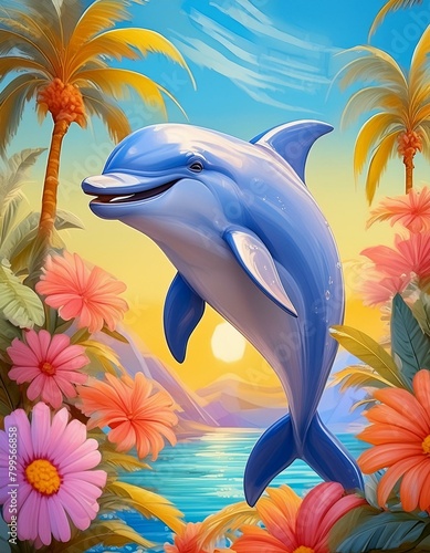 A vibrant, simple vector icon of a smiling, happy dolphin in a pop art and boho style with realistic touches.