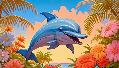 smiling happy dolphin  Simple  vector  icon  logo. vibrant  pop art  boho  realistic