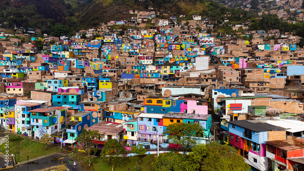 Medellin, Antioquia - Colombia. April 4, 2024. The largest artistic mural in Medellin, neighborhood Manrique