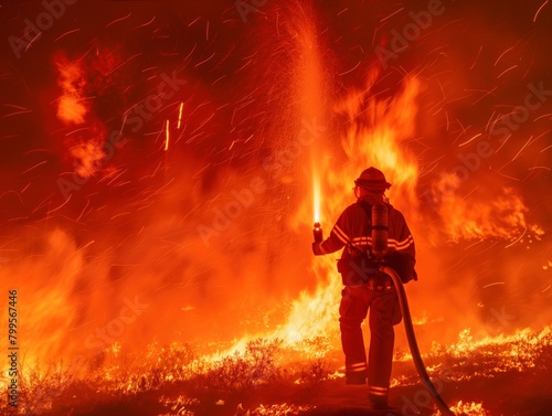 A firefighter is spraying water on a fire. The fire is orange and the sky is dark. Scene is intense and dangerous