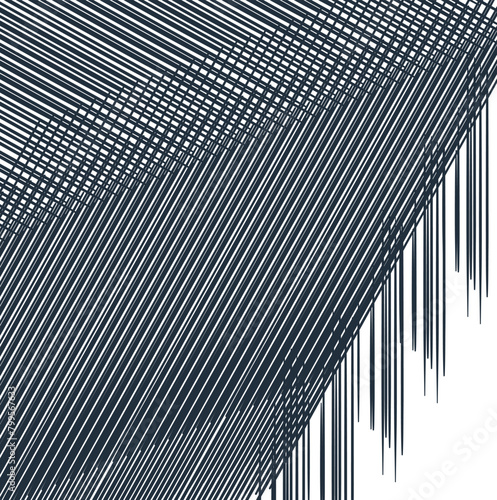 A striped structure or mass of angular ceiling is piled onto the image. Sharp stakes or needles hang down from the edges of this mass.
