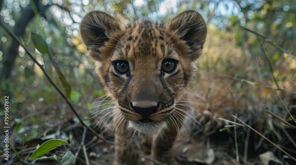 Fototapeta premium Close-up of a baby tiger's in forest