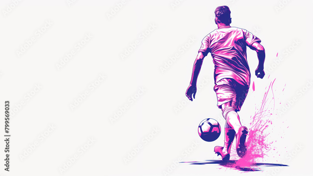 Pink watercolor painting of soccer man player in action view from back