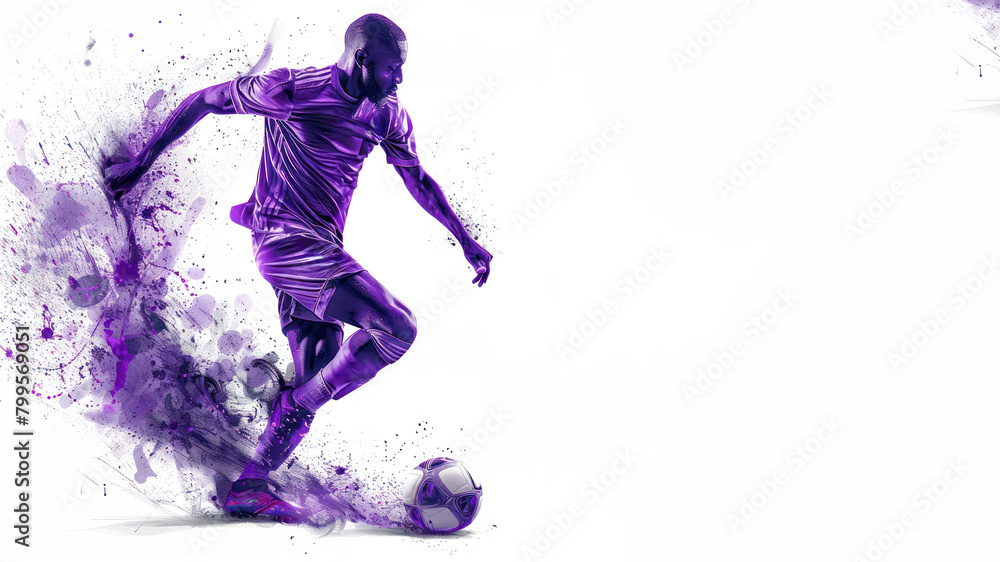 Purple watercolor painting of soccer man player in action view from back