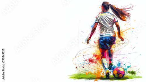 Colorful watercolor painting of soccer woman player and ball view from back