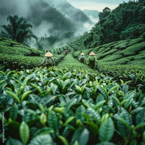 The exotic tea gardens in the highlands with mountain backdrops amaze the eye, among the tea garden workers which adds to the attraction. Travel, agriculture, rural, industry.