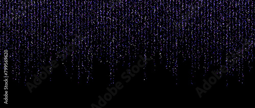 Purple confetti garland on dark background. Falling gold glitter and sparkle wallpaper. Violet and blue shining dots repeating pattern. Magic dust sparkling decoration for Christmas. Vector backdrop photo