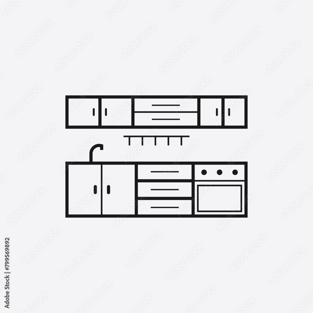 Kitchen furniture line icon, vector sign isolated on white background. Kitchen furniture line icon, vector sign isolated on white background.