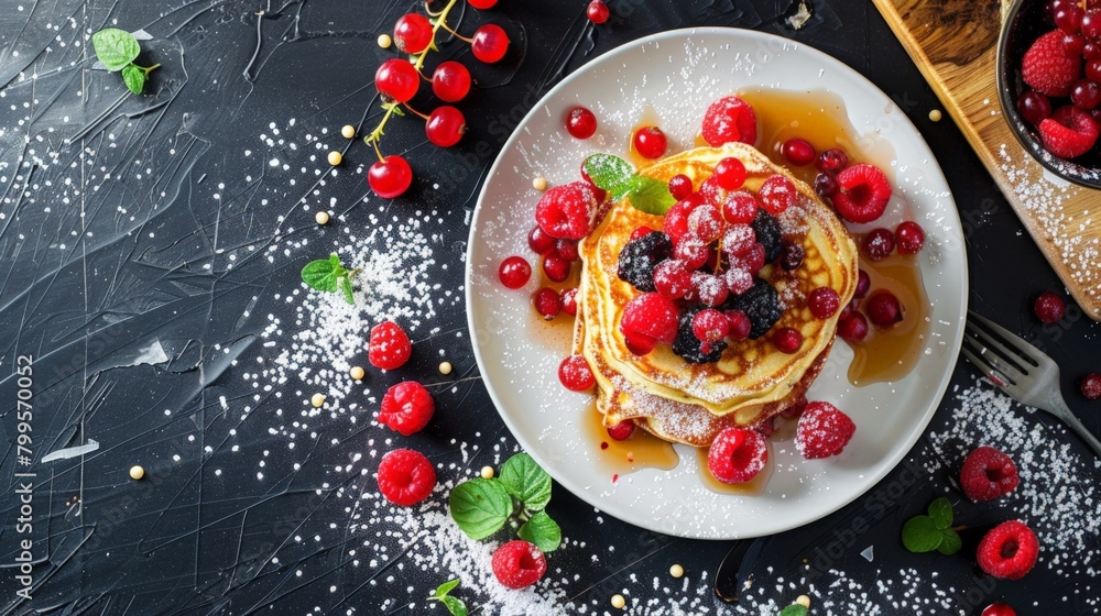 Plate of pancakes with berries and syrup Plate of pancakes with berries and syrup