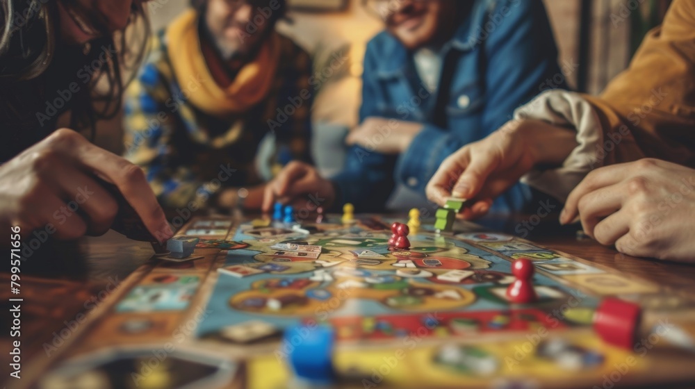 A board game spread out on a coffee table with friends huddled around strategizing and laughing as they compete. A board game spread out on a coffee table with friends huddled around strategizing and laughing as they compete.