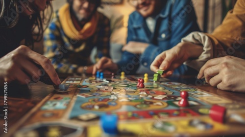 A board game spread out on a coffee table with friends huddled around strategizing and laughing as they compete. © Justlight
