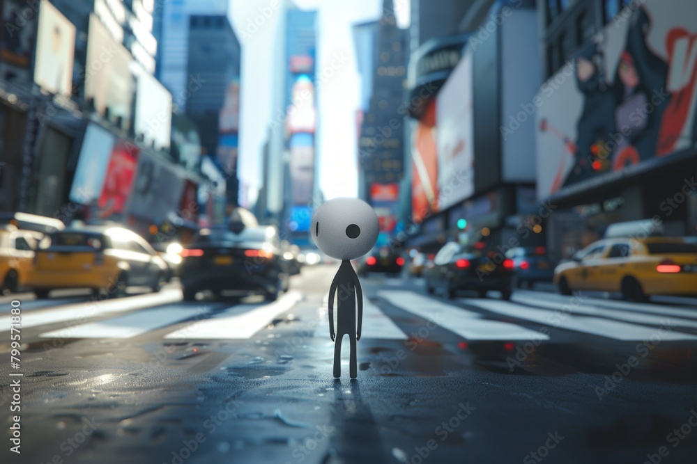 Fototapeta premium Extraterrestrial Encounter: A Cartoonish Alien Strolling through the Bustling City Streets
