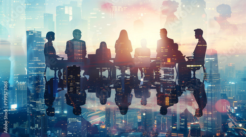 A group of people are sitting around a table in a city