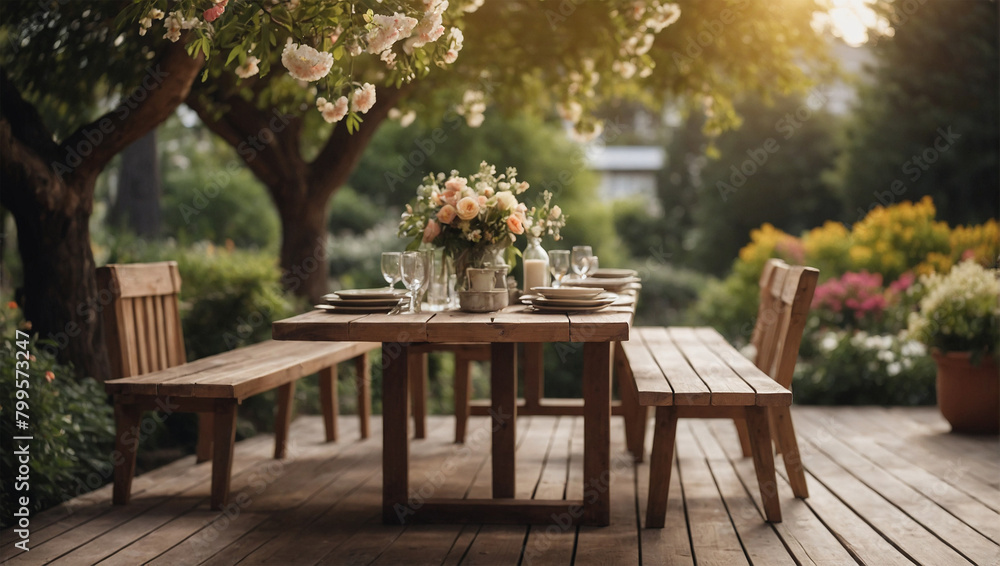 garden atmosphere with wooden tables
