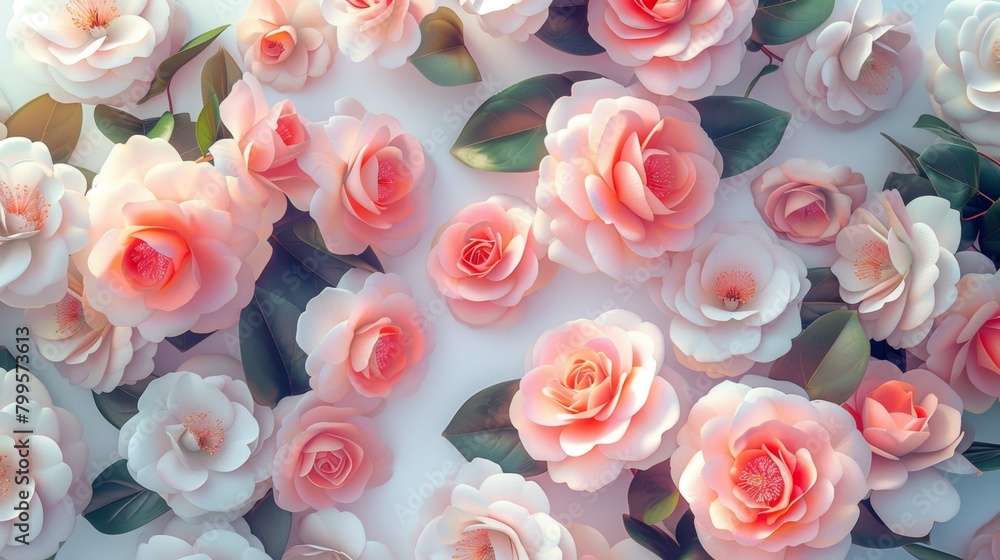 Fototapeta premium Seamless camellia flower pattern spring wallpaper fabric print background