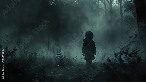 Amidst the cold night and dark forest, the silhouette of a young boy is visible.