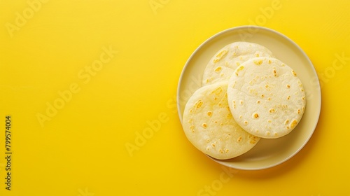 Traditional arepas food flat bread meal homemade on plate isolated yellow background