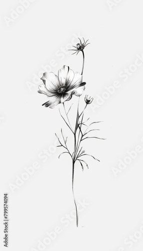 a black and white realistic black ink sketch drawing of a minimalist  small flower composition centered in the middle of the image  solid white background  clean minimalistic aesthetics