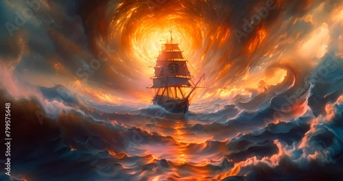 Pirate ship is engulfed by an vortex descending into an ocean vortex photo