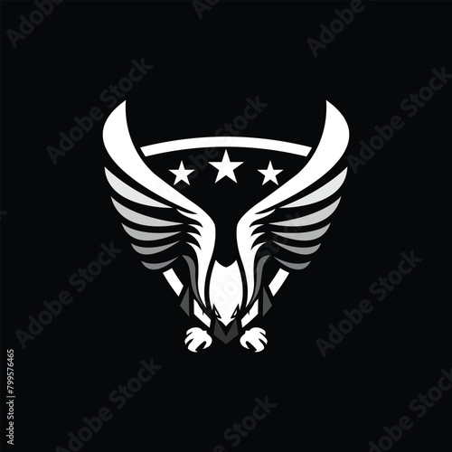 A patriotic emblem featuring three stars above an eagle with outstretched wings on a shield.