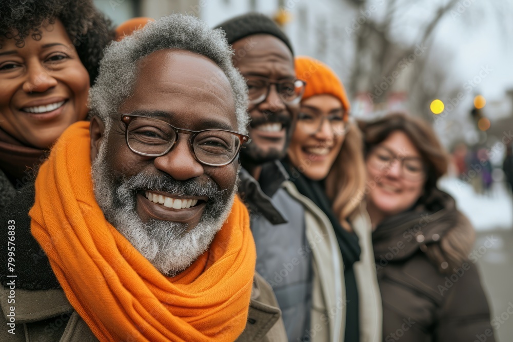 Portrait of happy african american man with friends on background. Multiethnic group of people standing together in the street.