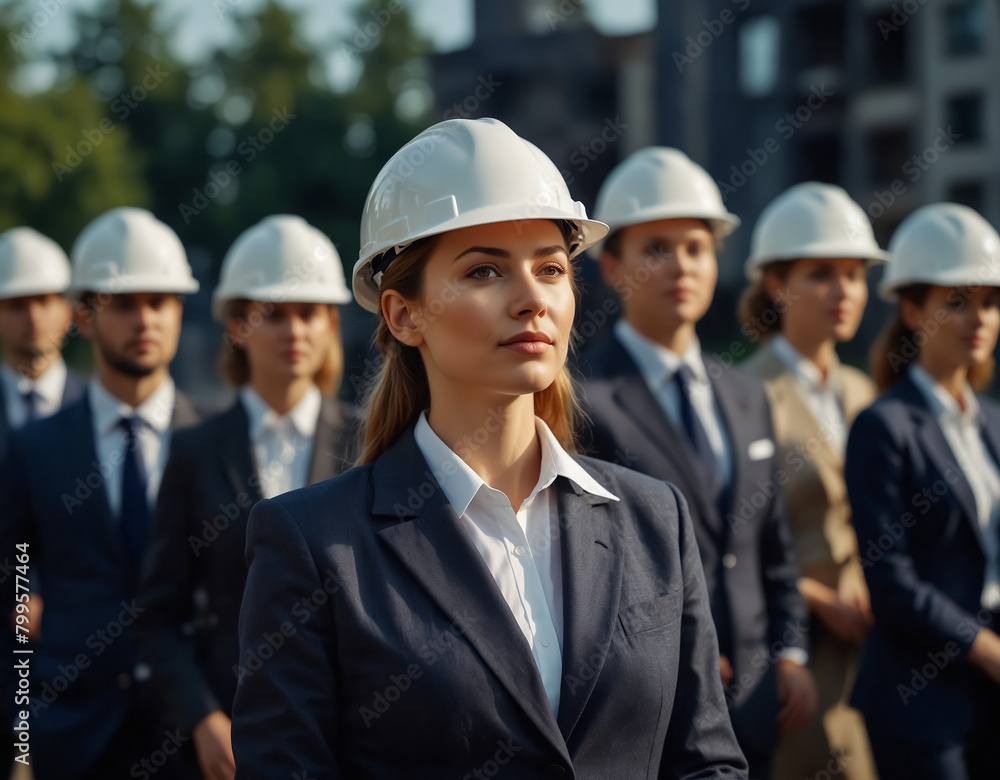 Businesswomen Wearing Hard Hats. The concept of productive, working women.
Businesswomen Wearing Hard Hats. The concept of productive, working women.