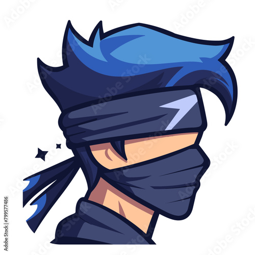 haracter with striking blue spiky hair, eyes concealed by a bandana