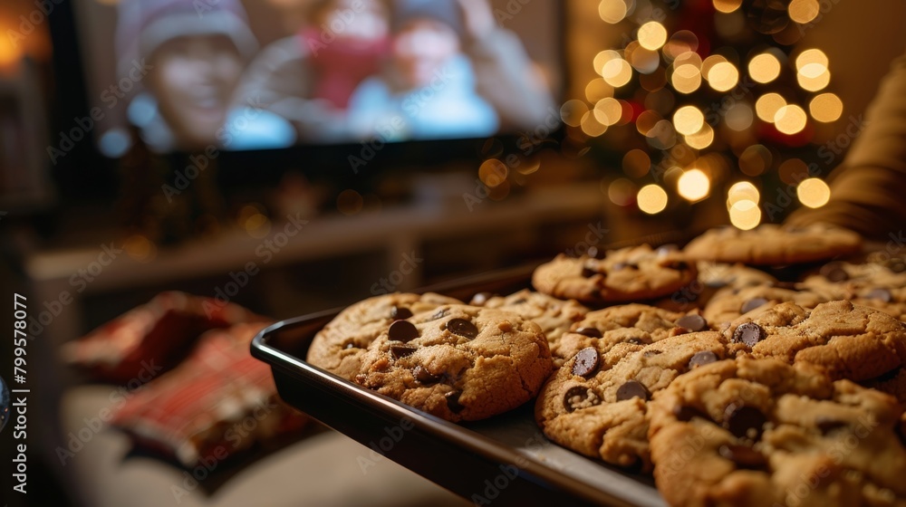 A tray of freshly baked cookies still warm and gooey being passed around while guests watch a classic holiday movie projected onto a blank wall.