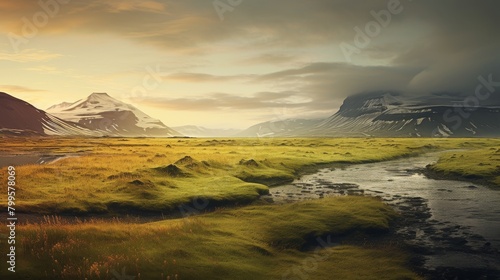 Golden sunlight washes over a lush green field, with a winding river leading the eye towards distant snow-capped mountains under a moody sky. © whilerests