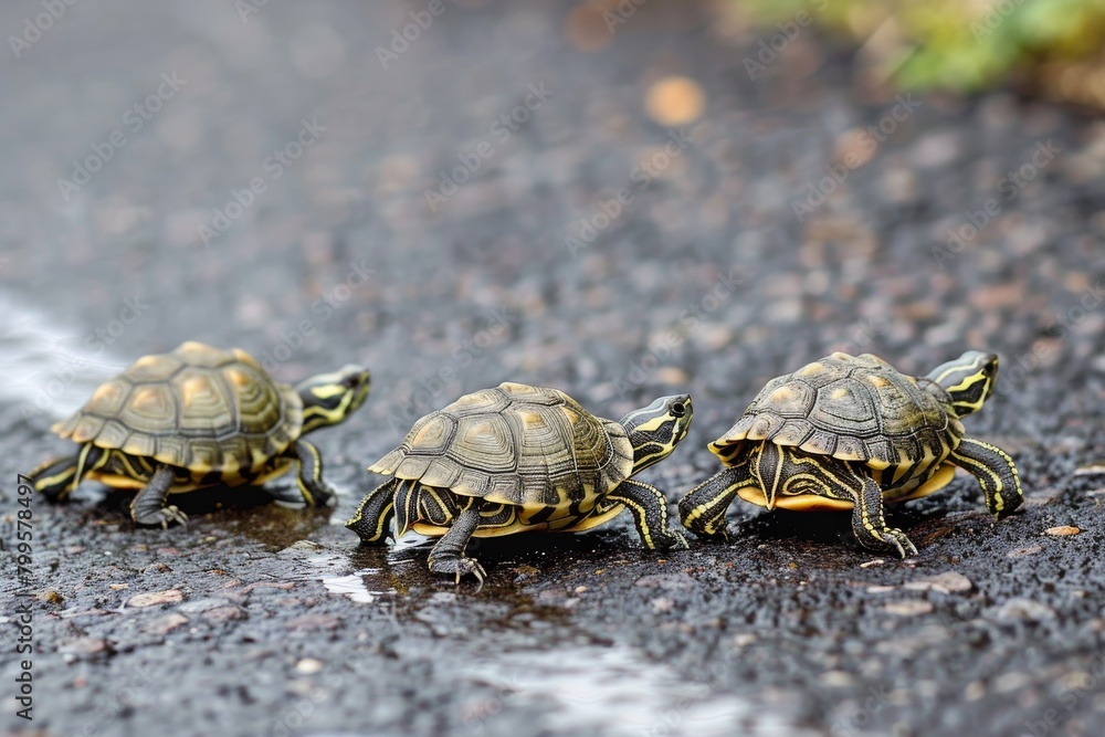 Fototapeta premium Three turtles racing on asphalt road.