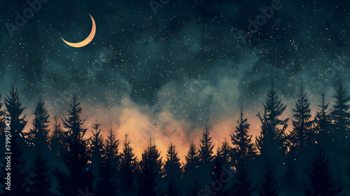 night sky over an evergreen forest, with stars twinkling above and a crescent moon