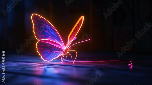  A lone neon butterfly dancing through the shadows, its luminous wings casting an enchanting glow in the darkness