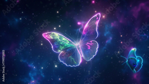  A single neon butterfly fluttering delicately amidst the void of space, its iridescent wings shimmering with vibrant hues © rai stone