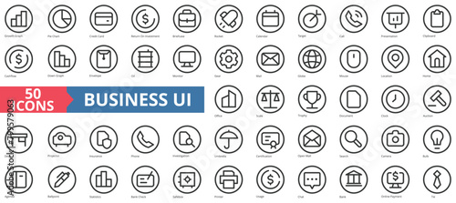 Business UI icon collection set. Containing growth graph, pie chart, credit card, return on investment, briefcase icon. Simple line vector.