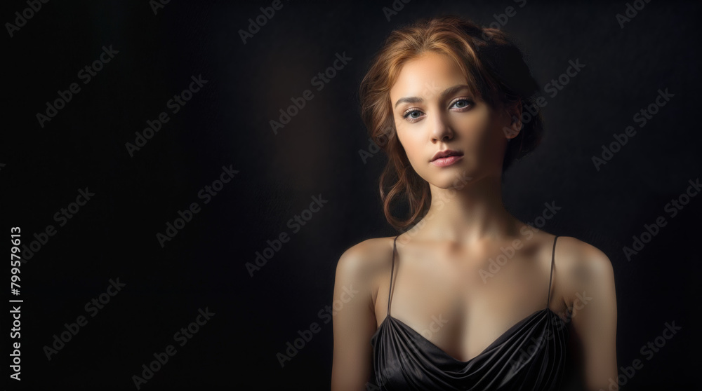Studio portrait of a young woman wearing a black satin gown and standing against a black backdrop. She has long auburn hair and is worn loosely around her face. Copy space. Studio portrait of a young woman wearing a black satin gown and standing against a black backdrop. She has long auburn hair and is worn loosely around her face. Copy space.
