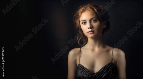 Studio portrait of a young woman wearing a black satin gown and standing against a black backdrop. She has long auburn hair and is worn loosely around her face. Copy space.
