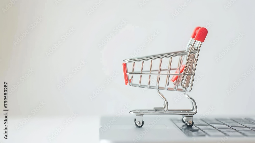 Miniature shopping cart on laptop keyboard symbolizing online Miniature shopping cart on laptop keyboard symbolizing online