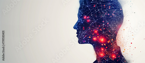 Abstract digital human head silhouette with a network of connections and light effects