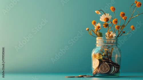 Glass jar of coins with flowers on teal background photo