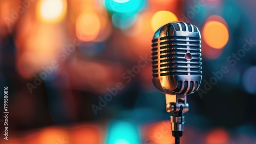 Vintage microphone against backdrop of colorful bokeh lights