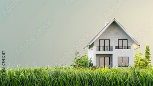 Small white house with black trim in lush green field under clear sky