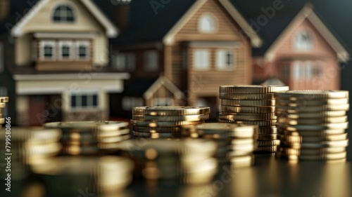 Stacks of coins in front miniature houses, concept for real estate investment or property costs
