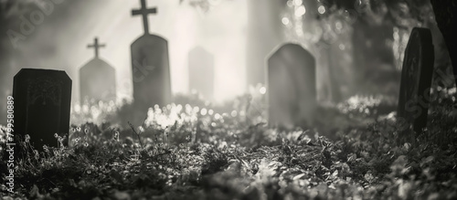 Ethereal Scene of Forgotten Cemetery with Light coming from Above in Monochrome 
