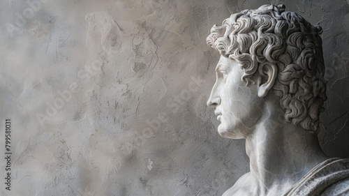 Classical marble statue of male figure with curly hair against textured wall photo