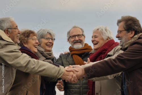 group of senior friends holding hands and looking at camera on autumn day